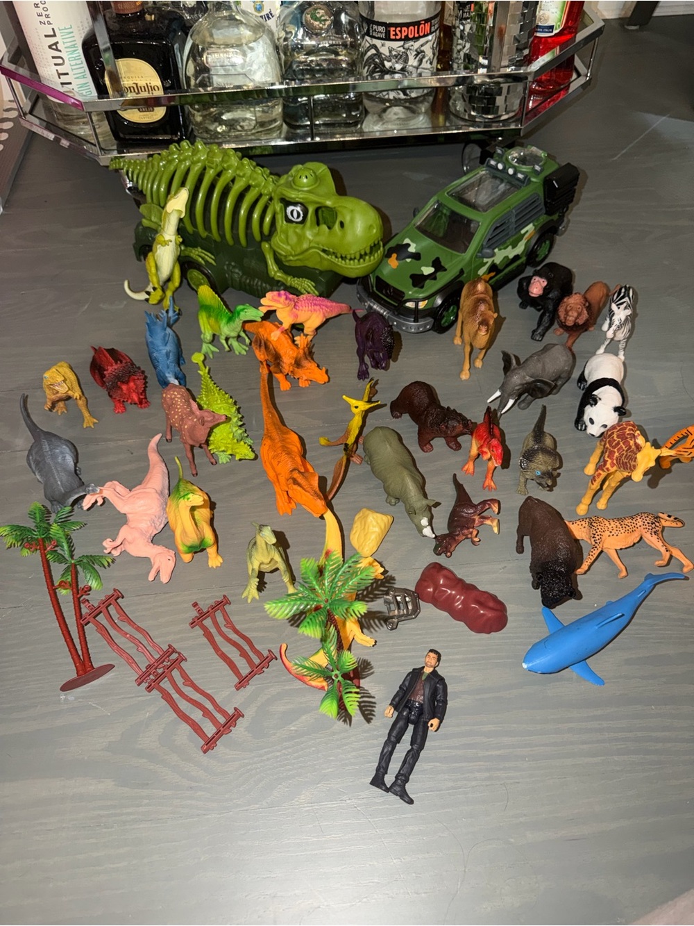 Assorted huge lot Toy Dinosaurs and Animals Playset with Green Camouflage trucks